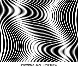 Optical art background. Wave design black and white. Digital image with a psychedelic stripes. Vector illustration  Abstract pattern. Texture with wavy, curves lines
