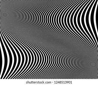 Optical art background. Wave design black and white. Digital image with a psychedelic stripes. Vector illustration  Abstract pattern. Texture with wavy, curves lines