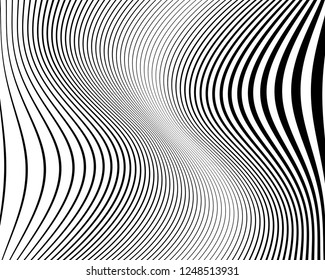 Optical art background. Wave design black and white. Digital image with a psychedelic stripes. Vector illustration  Abstract pattern. Texture with wavy, curves lines