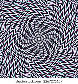 Optische Kunsthintergrund aus weißem Schwarz und türkisem Magenta verzerrte Streifen. Psychedelisch zerrissenes Rundverzierungsdesign.
