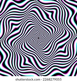 Optical art background of white black and cyan magenta wavy stripes twisted in a weird spiral. Psychedelic round ornament design.