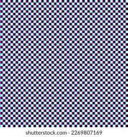 Optische Kunsthintergrund auf weißem schwarz-türkisem, kariertem Muster im Anaglyphenstil. Psychedelisches Schachdesign.