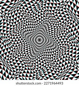 Optical art background of white black and red cyan curved triangles in a distorted circle. Psychedelic round ornament design.