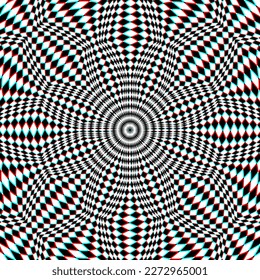 Optical art background of white black and red cyan rhombuses in a circle. Psychedelic round ornament design.