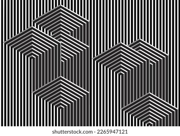 Optical art in black and white. Vertical stripes with shadows and voids. EPS10 vector format.