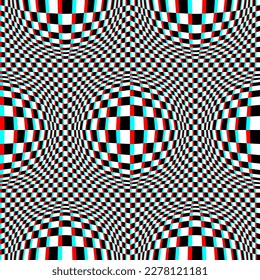 Optische Kunst schachte nahtlose Muster von runden Bläschen im Anaglyphenstil. Psychedelisch verzerrtes quadratisches Schachhintergrunddesign.
