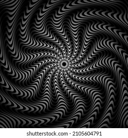 Optical art circular vortex pattern of striped sleeves. Twisted embossed spiral background design.