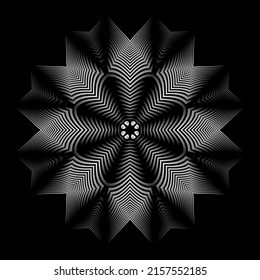 Optical art gradient mandala on black. Octagonal monochrome striped pattern. Abstract eight petals flower.
