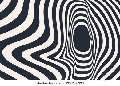 Optical art liquid strip. Pattern psychedelic with black and white line. Background sound signal for brochure, flyer, card, banner or cover. Vector illustration.