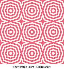 Optical art pattern. Vector geometric seamless ornament with concentric shapes, stripes, lines, stars, octagons. Pink and white creative psychedelic design. Stylish modern geometrical background
