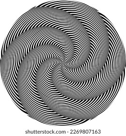 Optical art patterned circle of black striped spiral. Psychedelic circular background design.
