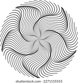 Optical art patterned circle of black wavy lines. Spiral petaled mandala background design.