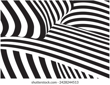 Optisches Kunstmuster, geometrische Wellenlinien Hintergrund, schwarz und weiß, Vektor-Wellenstreifen abstrakter Hintergrund.