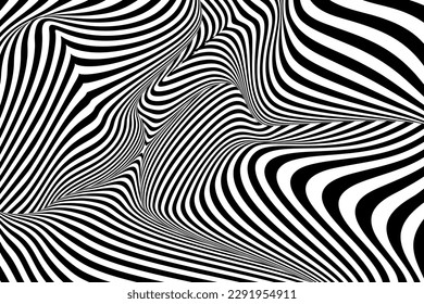 Optical Art Psychedelic Spiral with Black and White Twist Striped. Background Abstract 3d Hypnosis. Swirl Hypnotic Pattern. Vector illustration.