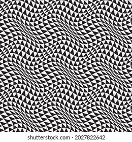 El arte óptico es un patrón transparente de triángulos distorsionados en blanco y negro. Sintetización repetible de ondulación sicodélica monocromática.
