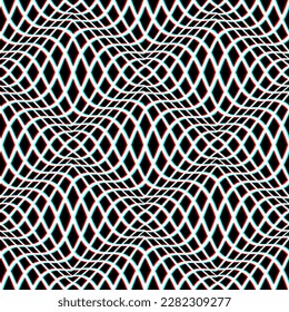 Optical art seamless pattern of distorted cells. Psychedelic repeatable background design in red cyan anaglyph style.