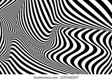Optical Art with Twist Striped. Background Abstract Line Black and White Color. Swirl Hypnotic Pattern. Vector illustration.