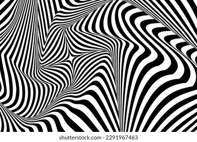 Optical Art with Twist Striped. Background Abstract Line Black and White Color. Swirl Hypnotic Pattern. Vector illustration.