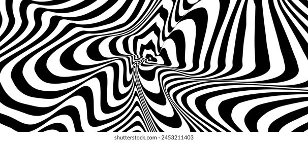 Optical Art with Twist Striped. Background Abstract Line Black and White Color. Swirl Hypnotic Pattern. Vector illustration.	