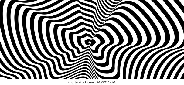 Optical Art with Twist Striped. Background Abstract Line Black and White Color. Swirl Hypnotic Pattern. Vector illustration.	