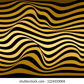 Optical art wave abstract background with black and gradient gold stripes. 
