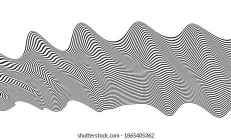 Optical art. Waves twisted from stripes, abstract, 3D. Monochrome black lines in perspective. Poster. Banner. Vector illustration background.