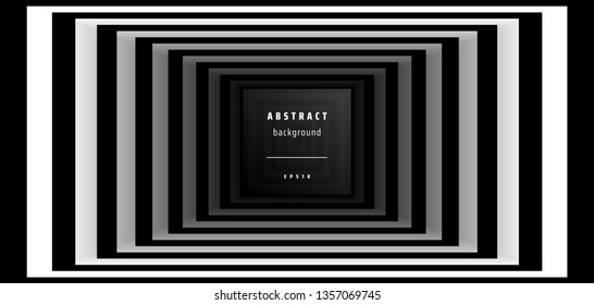 Optical background with striped black and white rectangles. Deep immersion, space tunnel, architectural corridor. Hypnotic texture, op art abstraction.