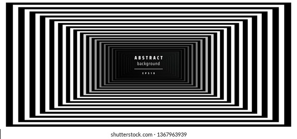 Optical background with striped black and white rectangles. Deep immersion, space tunnel, architectural corridor. Hypnotic texture, op art abstraction.