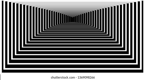 Optical background with striped black and white rectangles. Deep immersion, space tunnel, architectural corridor. Hypnotic texture, op art abstraction.