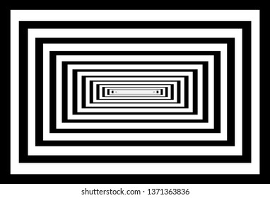 Optical background with striped black and white rectangles. Deep immersion, space tunnel, architectural corridor. Hypnotic texture, op art abstraction.