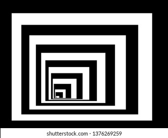 Optical background with striped black and white rectangles. Deep immersion, space tunnel, architectural corridor. Hypnotic texture, op art abstraction.