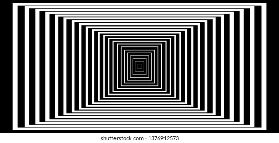 Optical background with striped black and white rectangles. Deep immersion, space tunnel, architectural corridor. Hypnotic texture, op art abstraction.