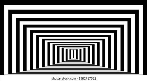 Optical background with striped black and white rectangles. Deep immersion, space tunnel, architectural corridor. Hypnotic texture, op art abstraction.