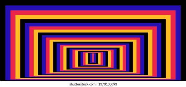 Optical background with striped color rectangles. Deep immersion, space tunnel, architectural corridor. Hypnotic multicolored texture, op art abstraction.