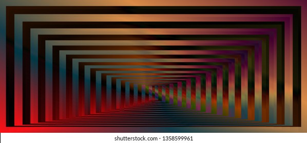 Optical background with striped rectangles. Color spectrum gradient. Deep immersion, space tunnel, psychedelic corridor. Hypnotic multicolored texture, op art abstraction.