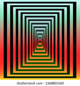 Optical background with striped rectangles. Color spectrum gradient. Deep immersion, space tunnel, psychedelic corridor. Hypnotic multicolored texture, op art abstraction.