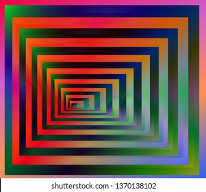 Optical background with striped rectangles. Color spectrum gradient. Deep immersion, space tunnel, psychedelic corridor. Hypnotic multicolored texture, op art abstraction.