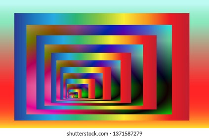 Optical background with striped rectangles. Color spectrum gradient. Deep immersion, space tunnel, psychedelic corridor. Hypnotic multicolored texture, op art abstraction.