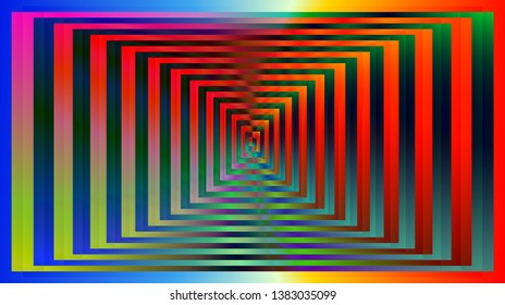 Optical background with striped rectangles. Color spectrum gradient. Deep immersion, space tunnel, psychedelic corridor. Hypnotic multicolored texture, op art abstraction.