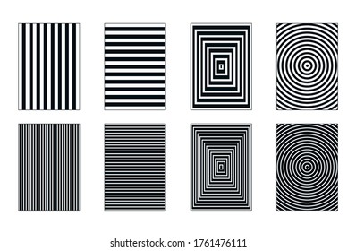 Optical black and white strips, lines of blend style, shapes with big and small size. Patterns with ripple effect and concentric circles