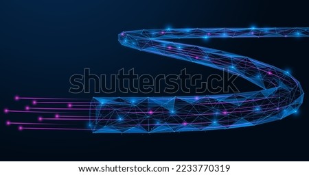 Optical cable, digital communications. Low-poly design of interconnected lines and dots. Blue background.