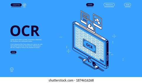 Optical character recognition, ocr isometric landing page. Electronic conversion handwritten script or image data to machine encoded text, computer technologies concept, 3d vector line art web banner