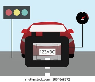 Optical Character Recognition (OCR) Technology To Check The Car Speed And Recognize Plate Number With Speed Camera Vector