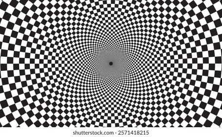 Optical checkered spiral illusion background. Magic psychedelic pattern, swirl illusions and hypnotic abstract card. 