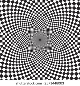 Optical checkered spiral illusion background. Magic psychedelic pattern, swirl illusions and hypnotic abstract card. 