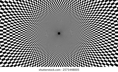 Optical checkered spiral illusion background. Magic psychedelic pattern, swirl illusions and hypnotic abstract card. 