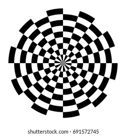 Optical circle. Circular op art element. Isolated radiating circle shape. Geometric concentric black white striped round lines. Optical illusion effect.