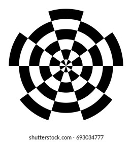 Optical circle. Circular op art element. Isolated radiating circle shape. Geometric concentric black white striped round lines. Optical illusion effect.