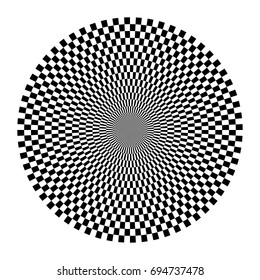 Optical circle. Circular op art element. Isolated radiating circle shape. Geometric concentric black white striped round lines. Optical illusion effect.