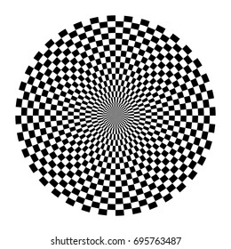 Optical circle. Circular op art element. Isolated radiating circle shape. Geometric concentric black white striped round lines. Optical illusion effect.